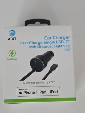AT&T Fast Charge Single USB-C Car Charger with 3ft Lightning Cable - Black